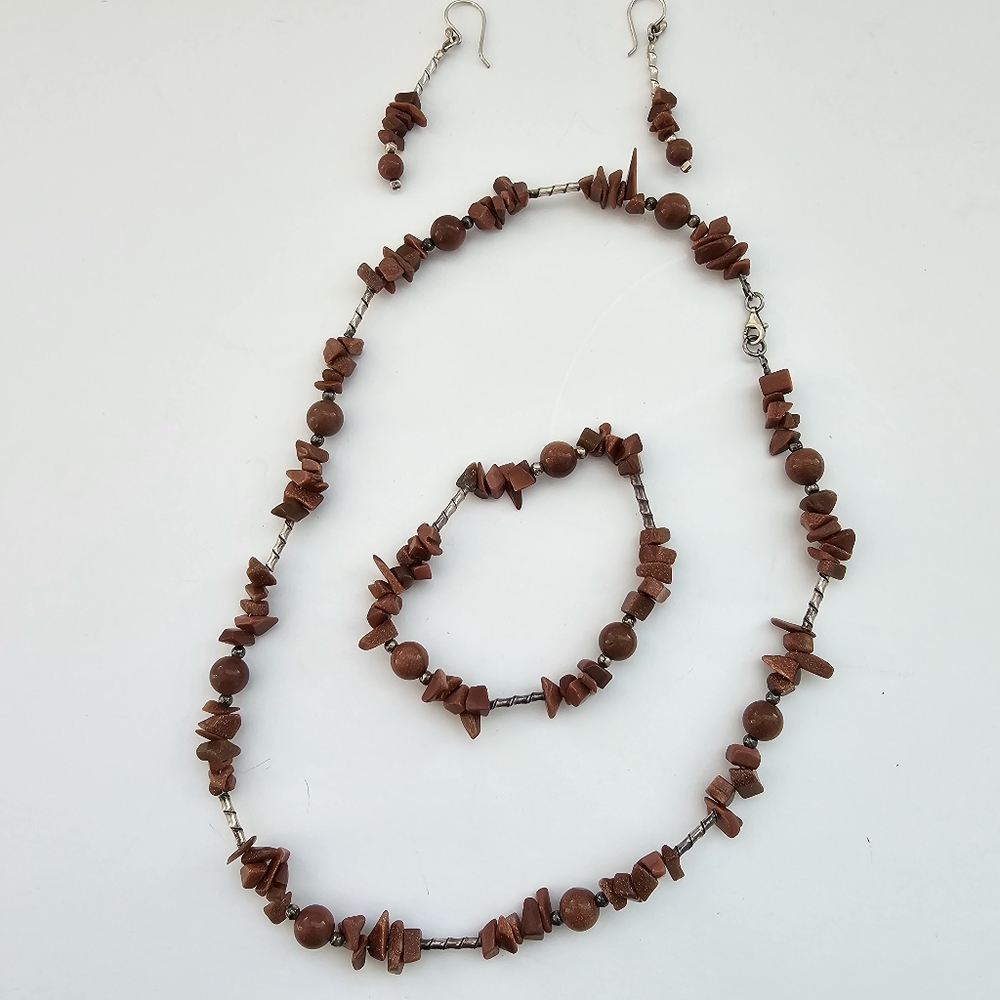 Goldstone Sandstone Brown Stone Nead Jewelry Set Necklace Bracelet Earrings